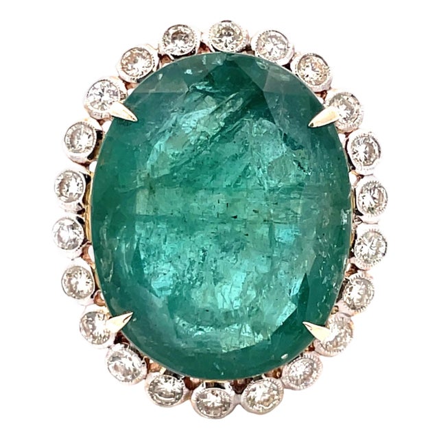 Gorgeous 14k Gold Ring With 23.36 Carat Natural Emerald & 1.21ct Diamond Halo, Size 6.5 For Sale