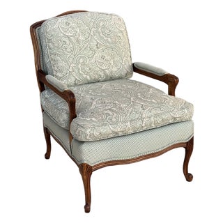 1970s Hickory White French Provincial-Style Bergère Armchair in Sage Green Brocade & Geometric Fabric For Sale