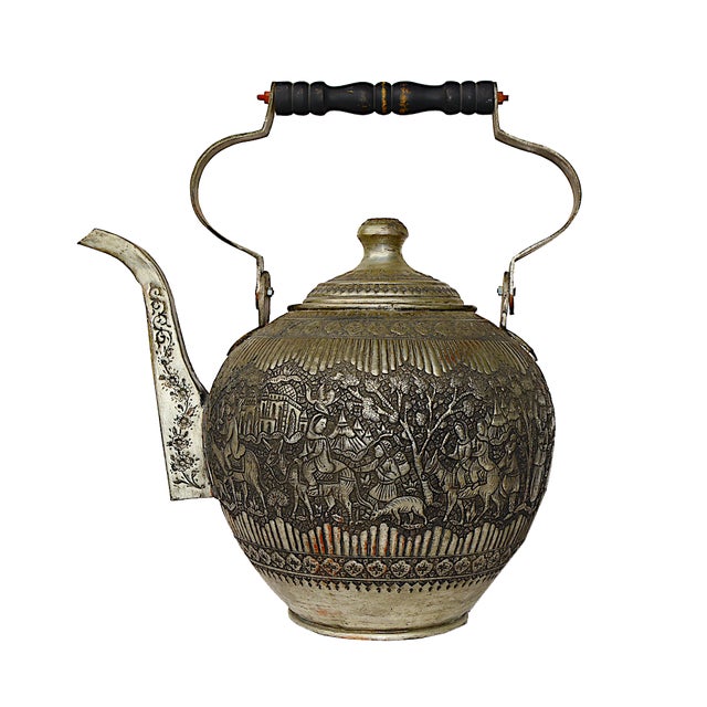 Large Copper Tea Pot with Engraving, 1940s For Sale