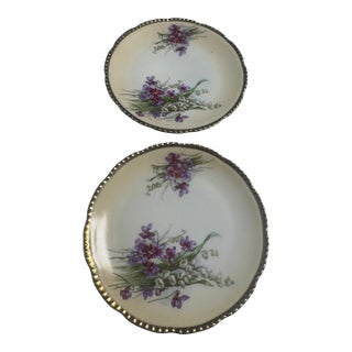 Antique Royal Rudolstadt Prussia Salad Plates. Violet Pattern With Gold Rim - Set of 2 For Sale