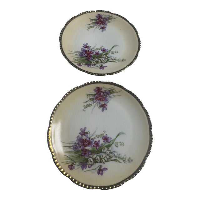 Antique Royal Rudolstadt Prussia Salad Plates. Violet Pattern With Gold Rim - Set of 2 For Sale
