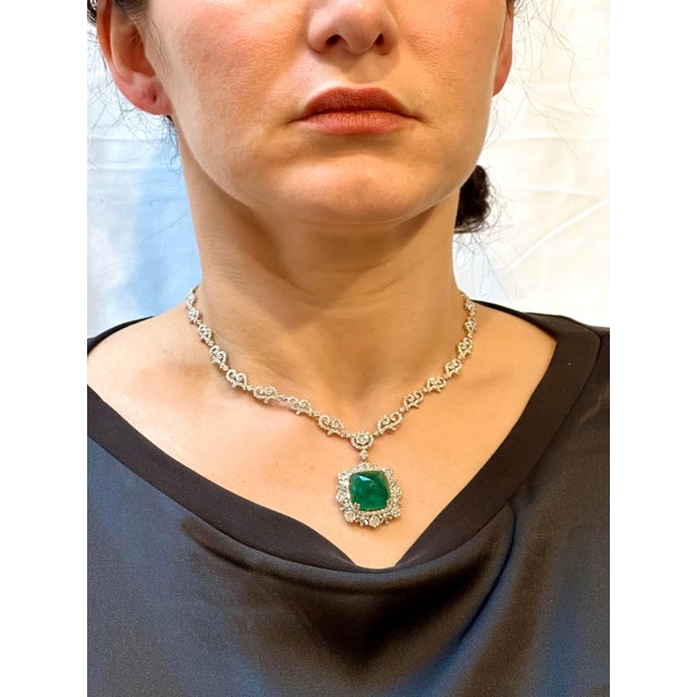 GIA 17 Ct Sugar Loaf Cabochon Colombian Emerald & 13 Ct Diamond Necklace 18KWG For Sale - Image 12 of 18