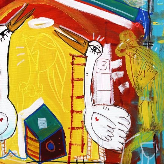Textile l'Altra Parte - Original Red Multicolor Cubist Figurative Mixed Media Acrylic Painting on Canvas For Sale - Image 7 of 9