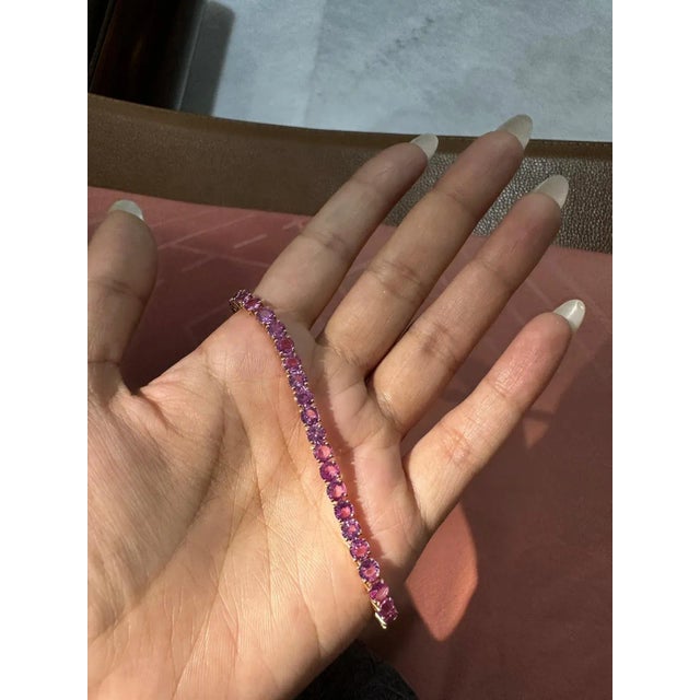 Brilliant 14.83 CTW Pink Sapphire Tennis Bracelet in 14k Yellow Gold For Sale - Image 4 of 11