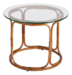 Mid-Century Italian Round Rattan & Bamboo Coffee Table with Glass Shelf, 1960s