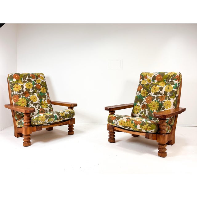 Pair of 1970s Swedish Pine "Tälja" Lounge Chairs by Sven and Christian Larsson. Constructed from thick, solid Swedish pine...