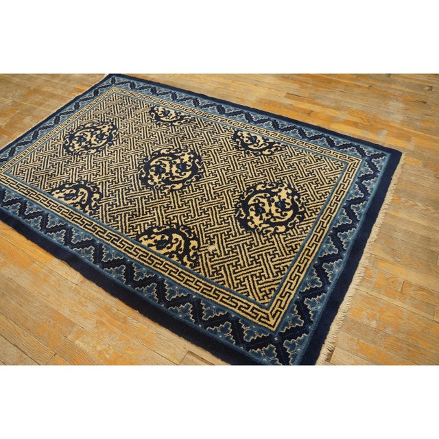1920s Blue Medallion Antique Chinese Peking Dragon Greek Key Knotted Wool Rug For Sale - Image 4 of 10