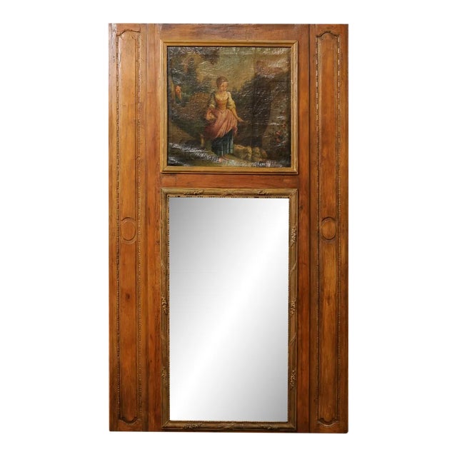 French Antique Trumeau Mirror with Painting For Sale