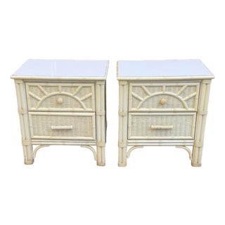 Pair of Faux Bamboo Woven Rattan Nightstands For Sale
