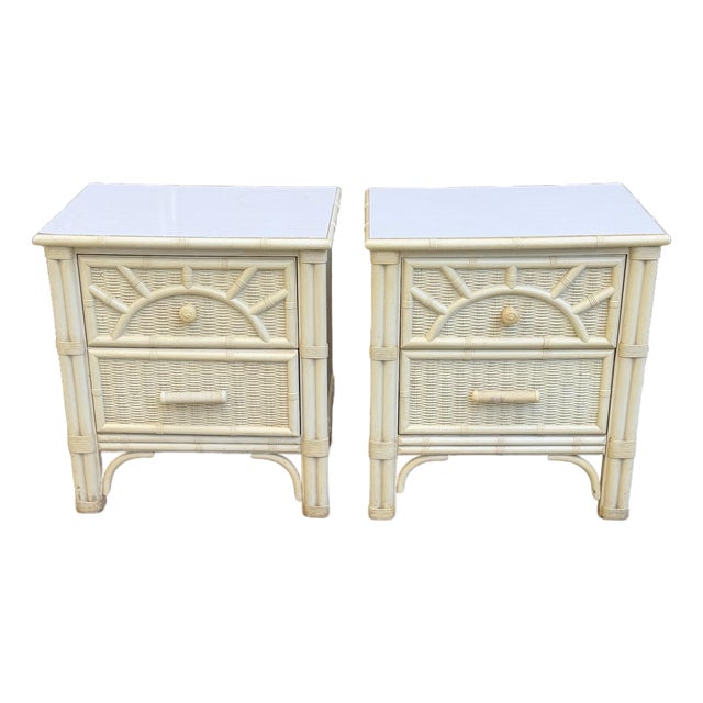 Pair of Faux Bamboo Woven Rattan Nightstands For Sale