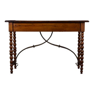 Antique Spanish Baroque Pine Console Table W/ Wrought Iron Stretcher For Sale