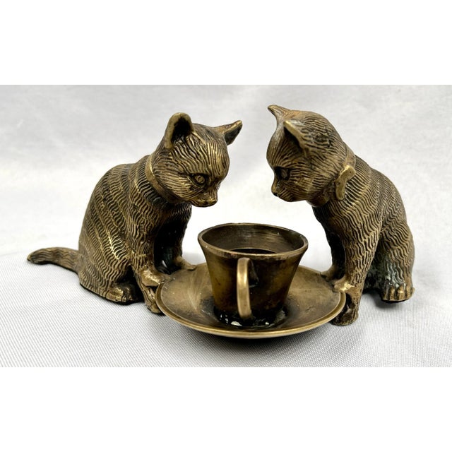 Figurative Mid 20th Century Vintage Bronze Cats With Cup Sculpture For Sale - Image 3 of 12