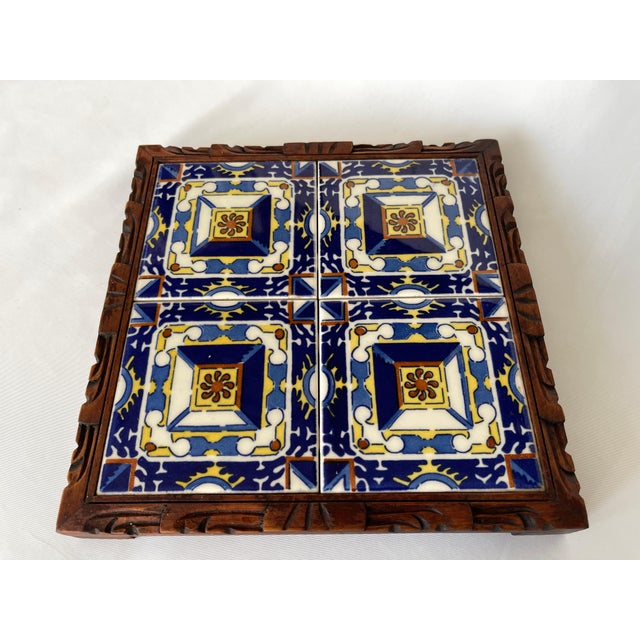 Mexican 1950s Mexican Hand Carved Wood Frame Base Tile Trivet For Sale - Image 3 of 9