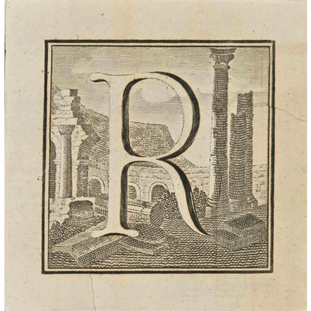 Letter of the Alphabet R from the series "Antiquities of Herculaneum", is an etching on paper realized by Luigi Vanvitelli...