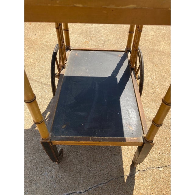 Early 20th Century Asian Style Bamboo Yellow Rolling Tea Bar Cart For Sale - Image 4 of 10