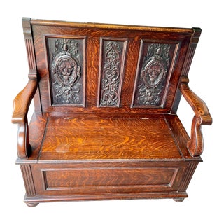19th Century French Tiger Oak Storage Hall Bench with Lion Faces For Sale