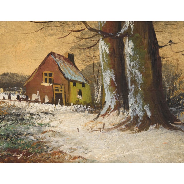 Serene winter landscape by an unknown artist. A dusting of freshly fallen snow covers the landscape. Two large trees are...