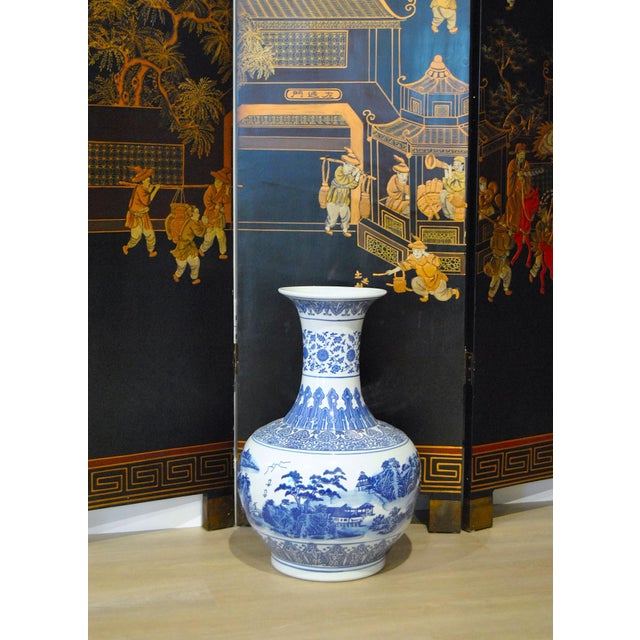 1930s Large Blue White Globular Vase Landscape Pavilions Apocryphal Six-Character Mark For Sale - Image 14 of 14