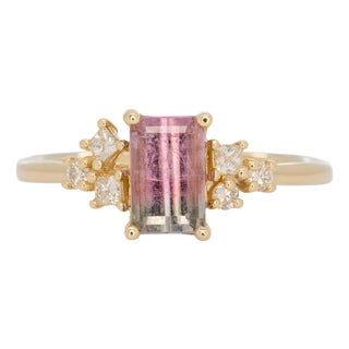 Watermelon Tourmaline Ring With Natural Diamond Accents: Solid 14k Gold, 7x4.5mm, Size 6.75 For Sale