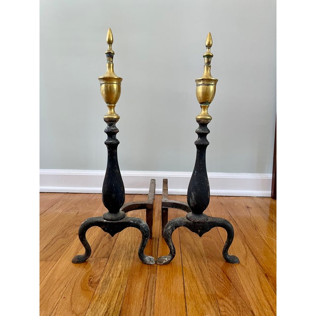 Metal Pair of Early 20th Century Brass Topped Federal Style Andirons For Sale - Image 7 of 9