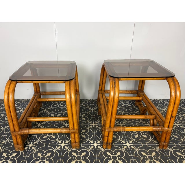 Mid-Century Modern Italian Bamboo and Rattan Side Tables with Smoked Glass, 1950s, Set of 2 For Sale - Image 14 of 18