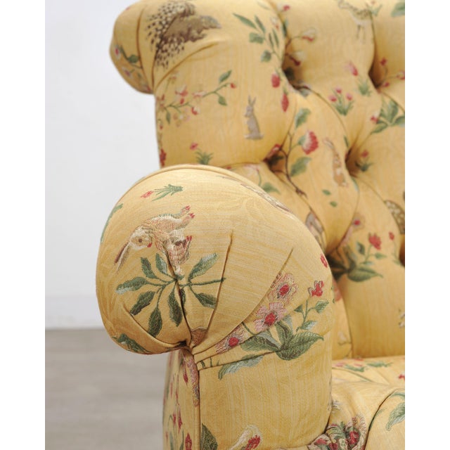 Pair of Tufted Lounge Chairs + Ottoman in Butter Print Fabric For Sale - Image 10 of 18