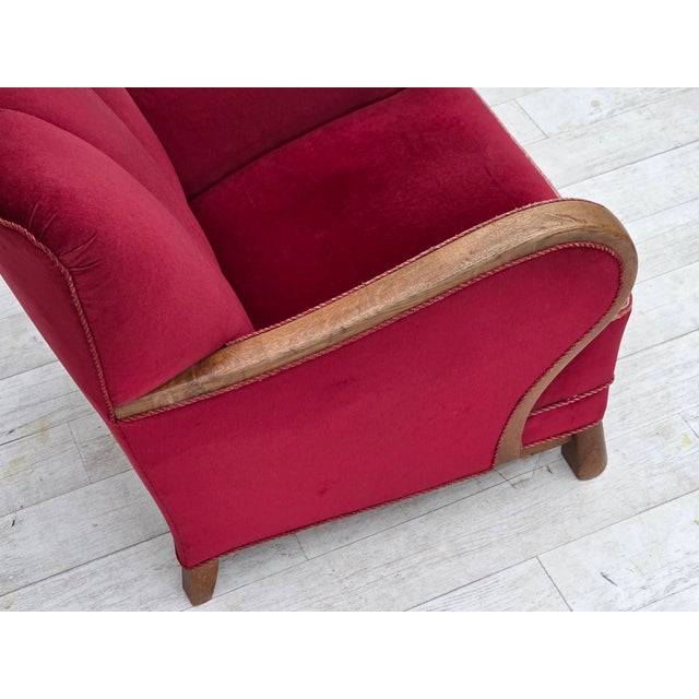 Danish Armchair in Red Velour and Oak, 1950s For Sale - Image 10 of 17