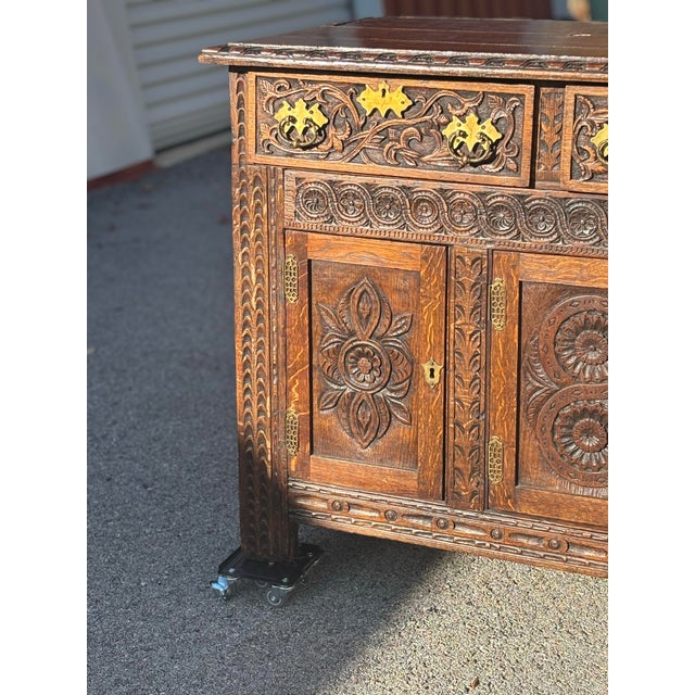 Wood Antique Jacobean Revival Style Intricately Carved Oak Sideboard For Sale - Image 7 of 9