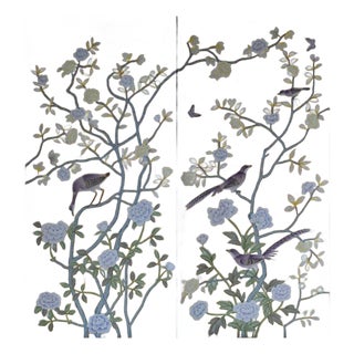 Gold Leaf Chinoiserie Hand-Painted Lavender Peony & Bird Wall Panels (Set of 2) For Sale