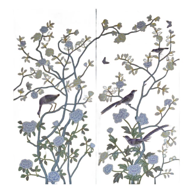 Gold Leaf Chinoiserie Hand-Painted Lavender Peony & Bird Wall Panels (Set of 2) For Sale
