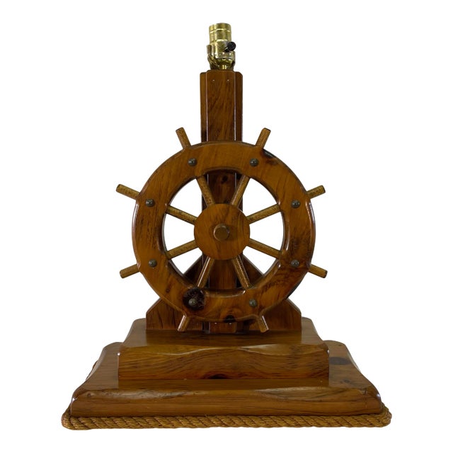 Vintage 1970s Nautical Ships Wheel Wood Table Lamp For Sale