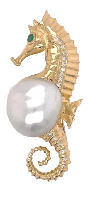 Diamond Emerald Pearl Seahorse 18k Yellow Gold Brooch Pendant Necklace