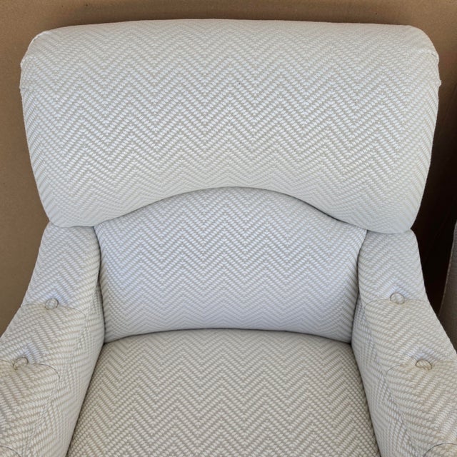 Baker Furniture English Country Scroll Arm Lounge Chairs in White Herringbone Casters Pair For Sale - Image 11 of 17