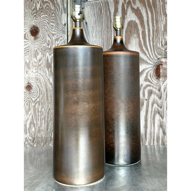 Mid-Century Modern Vintage Boho 1960s Lotte and Gunnar Bostland Model 1700 Glazed Ceramic Table Lamps - a Pair For Sale - Image 3 of 7