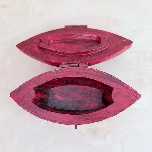 Vintage Chinese-Style Hand-Painted Red Lacquer Box With Iron Hardware and Swing Handle For Sale - Image 4 of 6