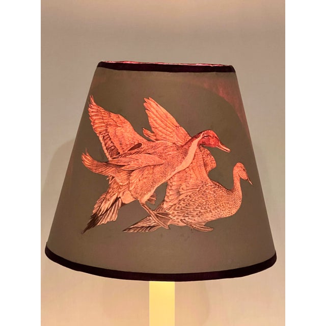 Handsome Vintage Imperial Blue Candlestick Table Lamp With Handmade Shade With American Pintail Ducks For Sale - Image 4 of 12