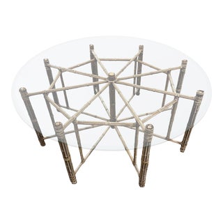 McGuire Bamboo Rattan Octagonal Dining Table Base with Large 74" Round Glass For Sale