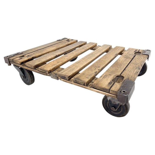 Vintage Industrial Iron & Wood Coffee Table on Wheels, 1950s For Sale - Image 11 of 11