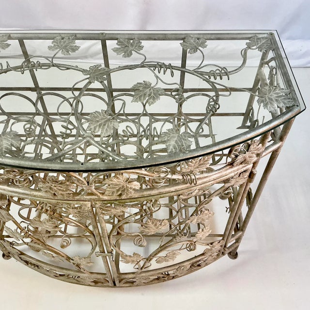 Metal Vintage Maitland-Smith Hollywood Regency Silver Leaf Wine Rack Console Table - 30 Wells, Demi-Lune Design, Attributed For Sale - Image 7 of 16