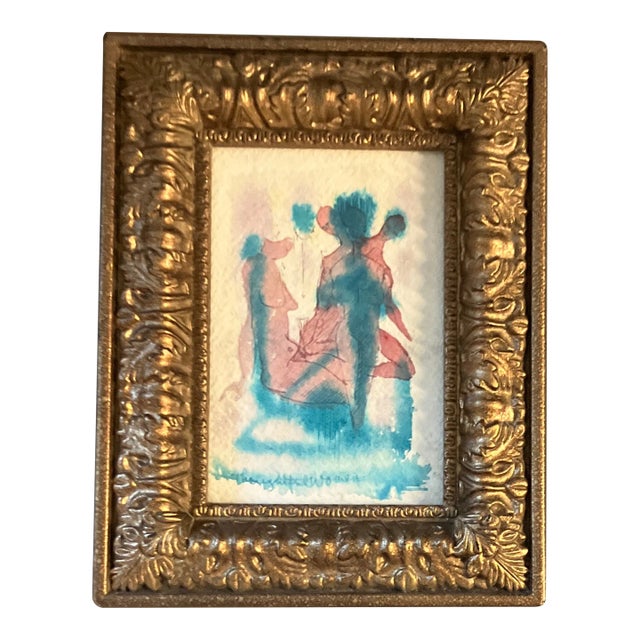 1940’s Original Abstract Expressionist “Thoughtful Woman” Watercolor Painting Tabletop Frame For Sale
