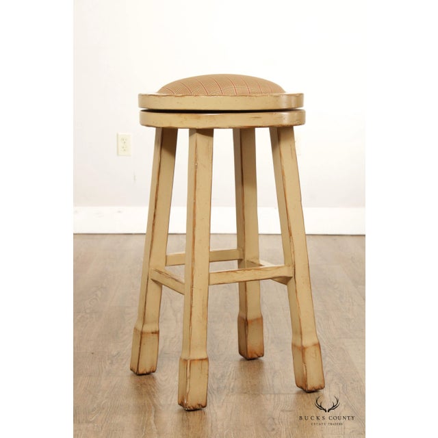 Wood Vintage Distress Painted Pair Swivel Counter Stools For Sale - Image 7 of 13