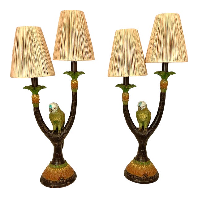 Contemporary Hand Painted Parrot Lamps With Grass Shades For Sale