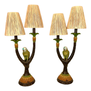 Contemporary Hand Painted Parrot Lamps With Grass Shades