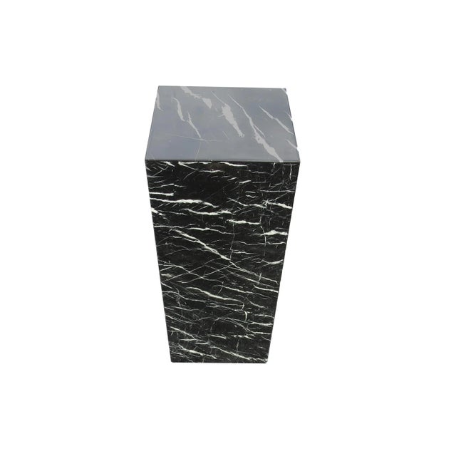 Vintage postmodern tall square pedestal. Beautiful high gloss polished marble. Black with striking contrasting white...
