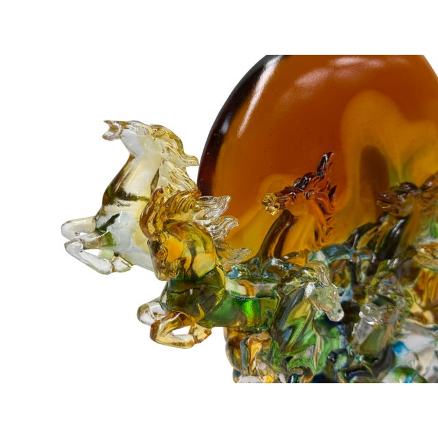 Crystal Glass Wild Horses Galloping Orange Sun Moon Back Sculpture Figure For Sale - Image 10 of 14
