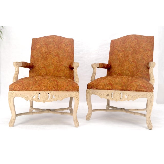 Pair of Fine Carved White Lacquer Rouge Floral Upholstery Arm Club Chairs MINT For Sale - Image 6 of 13