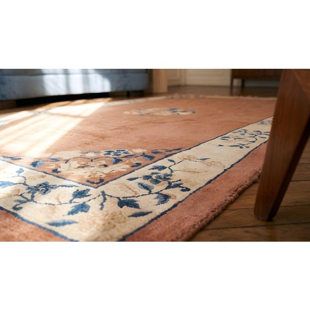 1930s Dusty Rose Medallion Antique Chinese Peking Carpet 6' X 8'8" Knotted Wool Rug For Sale - Image 14 of 15