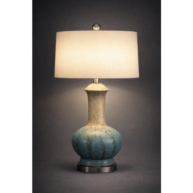Mid-Century Modern Late 20th Century Hand-Glazed Ceramic Table Lamp With Blue Reactive Glaze and Linen Drum Shade For Sale - Image 3 of 8
