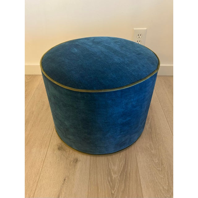 Custom ottoman upholstered in Kravet Chenille with contrast welting