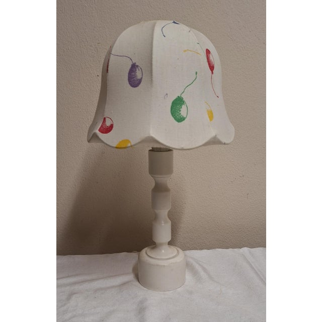 White Painted Pine Column Base Table Lamp with Fabric Shade, 1970s, in Very Good conditions. Designed 1970 to 1979...